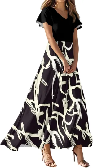 Long Maxi Dresses for Women Elegant 2025 Vacation V Neck Floral Summer Flowy Short Sleeve Empire Waist Dress