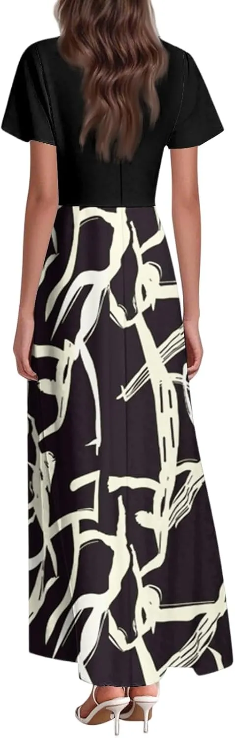 Long Maxi Dresses for Women Elegant 2025 Vacation V Neck Floral Summer Flowy Short Sleeve Empire Waist Dress