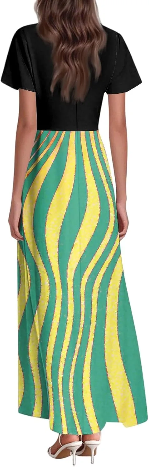 Long Maxi Dresses for Women Elegant 2025 Vacation V Neck Floral Summer Flowy Short Sleeve Empire Waist Dress