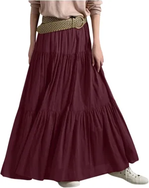 Long Maxi Plus Size Skirts for Women 2025 Summer Flowy Swing Tiered Elastic High Waist Pleated Skirt No Have Belt