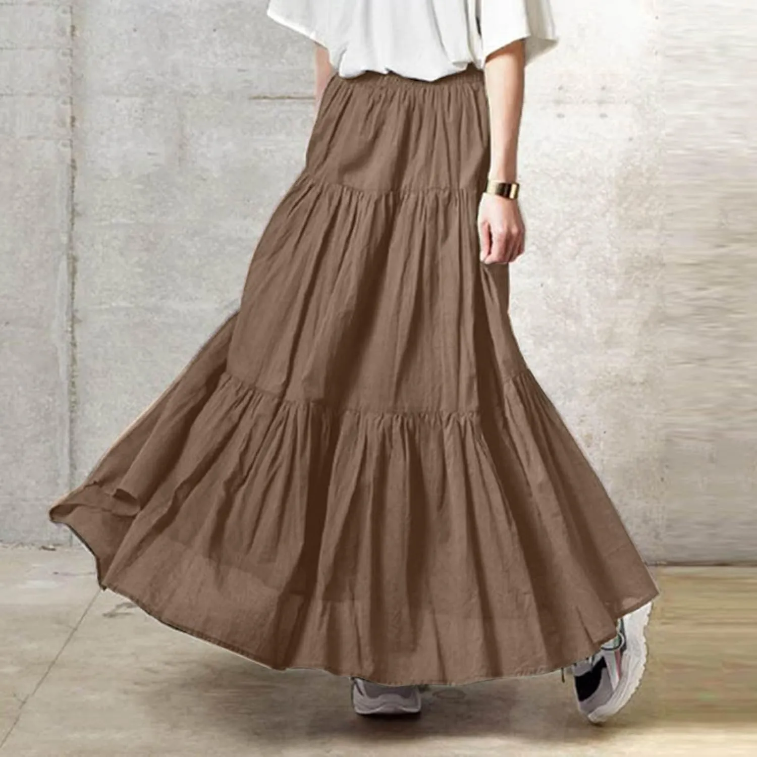 Long Maxi Plus Size Skirts for Women 2025 Summer Flowy Swing Tiered Elastic High Waist Pleated Skirt No Have Belt