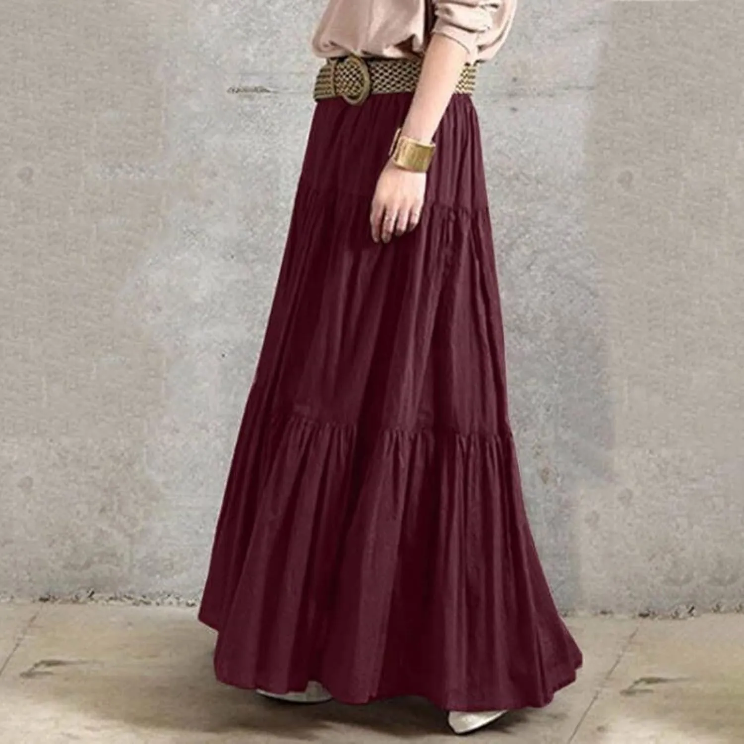 Long Maxi Plus Size Skirts for Women 2025 Summer Flowy Swing Tiered Elastic High Waist Pleated Skirt No Have Belt