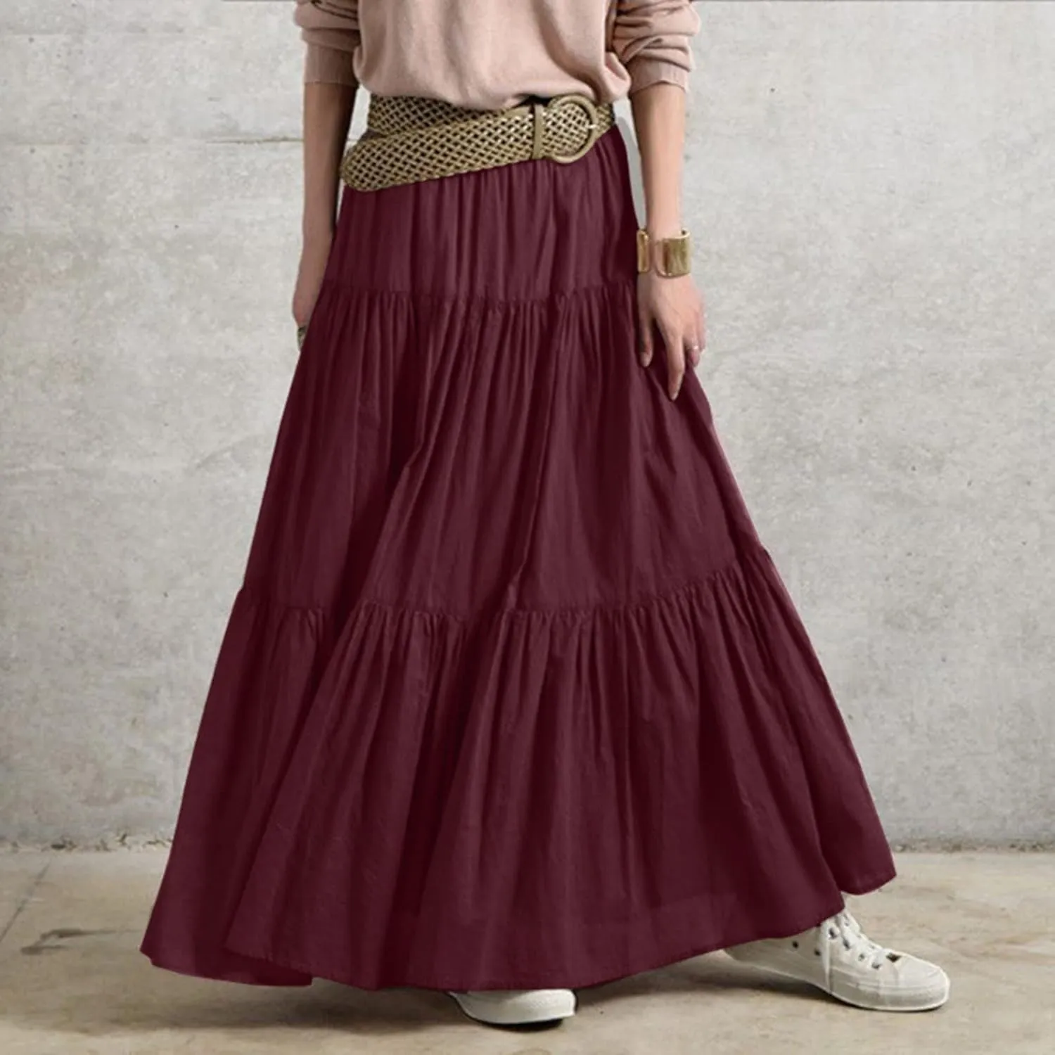 Long Maxi Plus Size Skirts for Women 2025 Summer Flowy Swing Tiered Elastic High Waist Pleated Skirt No Have Belt