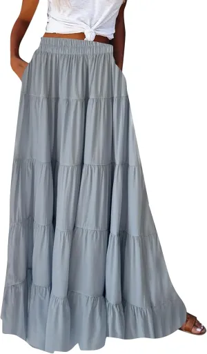 Long Skirts for Women Boho Maxi Skirt Summer Swing Tiered A-Line Elastic High Waist Dress with Pockets