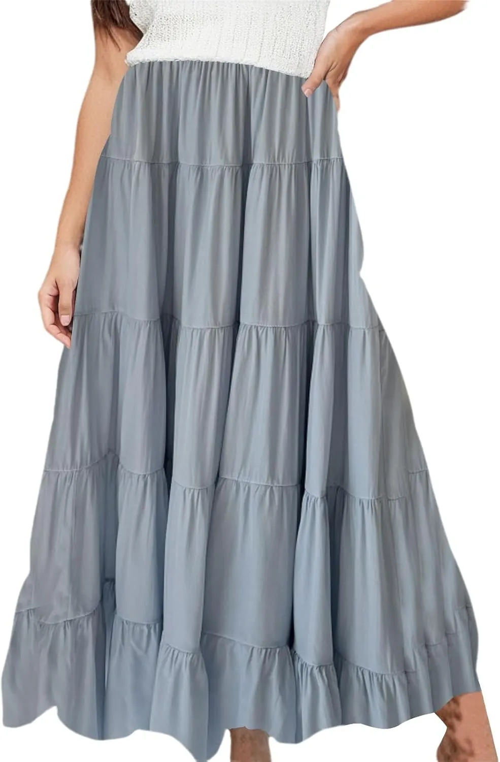 Long Skirts for Women Boho Maxi Skirt Summer Swing Tiered A-Line Elastic High Waist Dress with Pockets