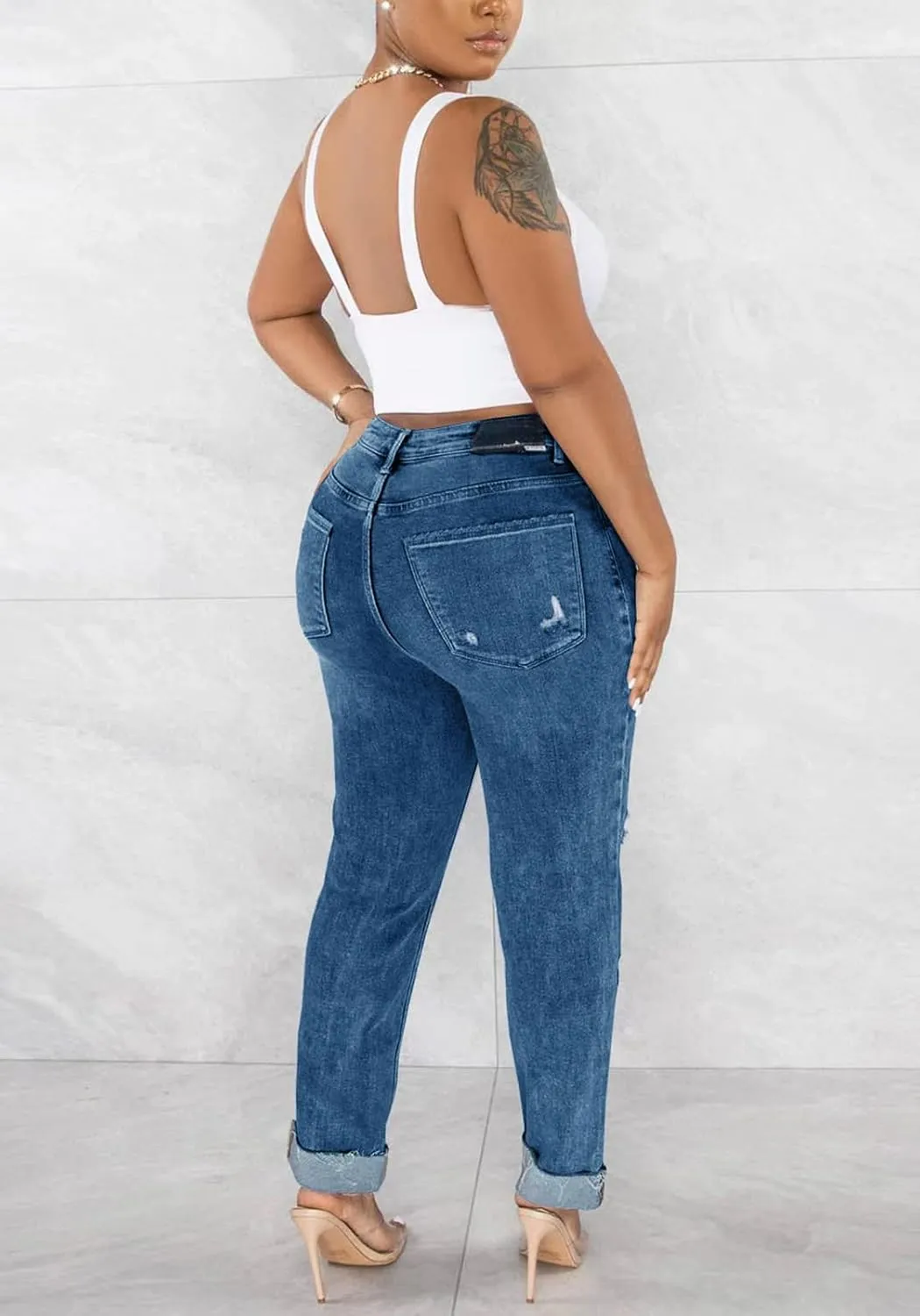 Lucuna Women's Ripped High Waisted Boyfriend Jeans Distressed Skinny Stretchy Denim Pants