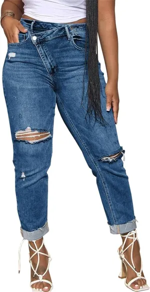 Lucuna Women's Ripped High Waisted Boyfriend Jeans Distressed Skinny Stretchy Denim Pants