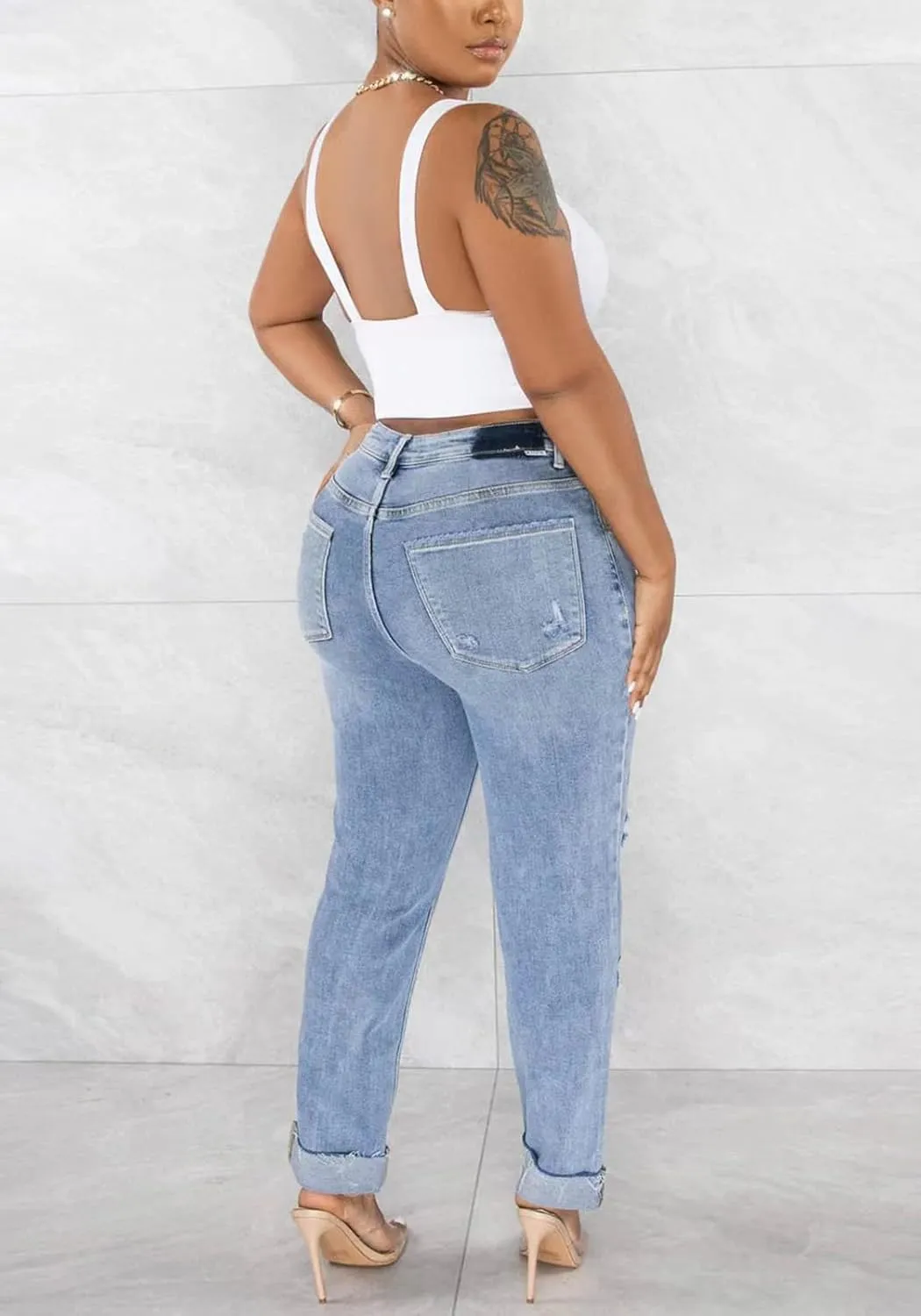 Lucuna Women's Ripped High Waisted Boyfriend Jeans Distressed Skinny Stretchy Denim Pants
