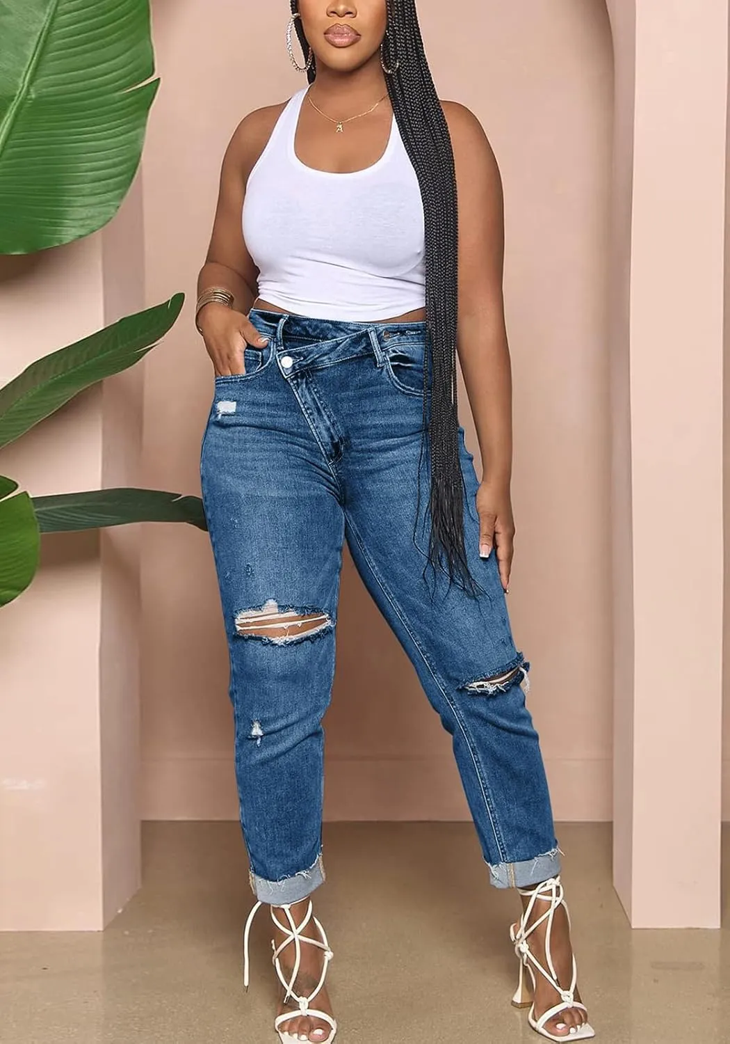 Lucuna Women's Ripped High Waisted Boyfriend Jeans Distressed Skinny Stretchy Denim Pants