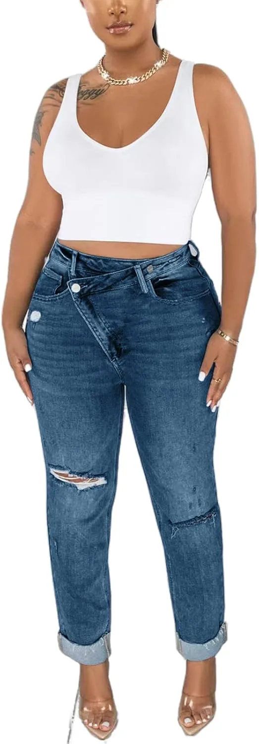 Lucuna Women's Ripped High Waisted Boyfriend Jeans Distressed Skinny Stretchy Denim Pants