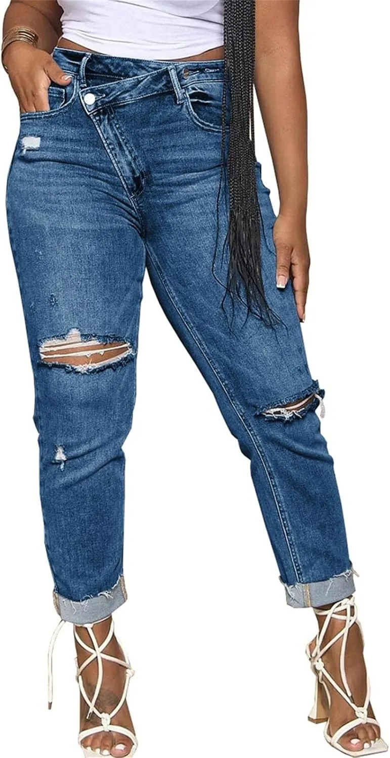 Lucuna Women's Ripped High Waisted Boyfriend Jeans Distressed Skinny Stretchy Denim Pants