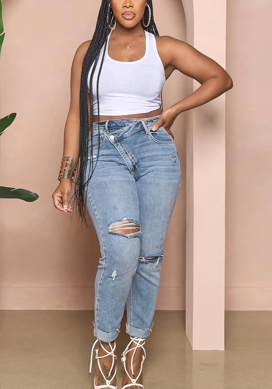 Lucuna Women's Ripped High Waisted Boyfriend Jeans Distressed Skinny Stretchy Denim Pants