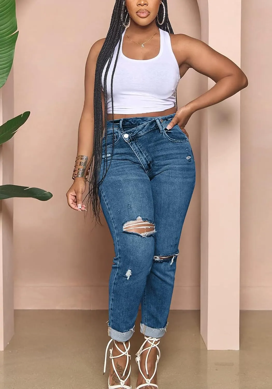Lucuna Women's Ripped High Waisted Boyfriend Jeans Distressed Skinny Stretchy Denim Pants