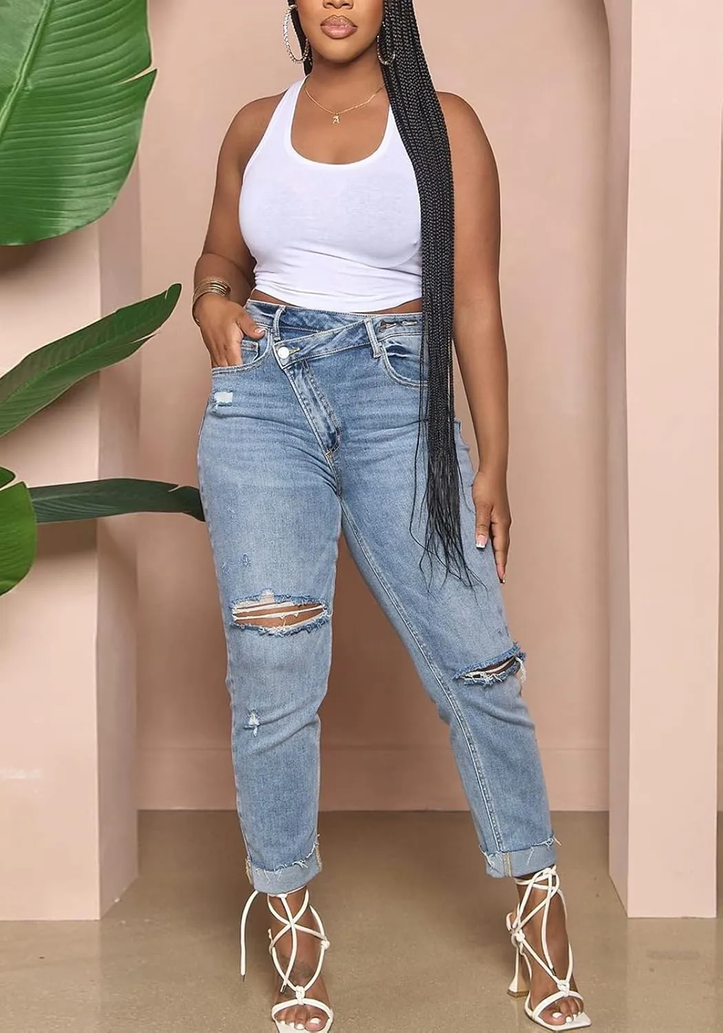 Lucuna Women's Ripped High Waisted Boyfriend Jeans Distressed Skinny Stretchy Denim Pants