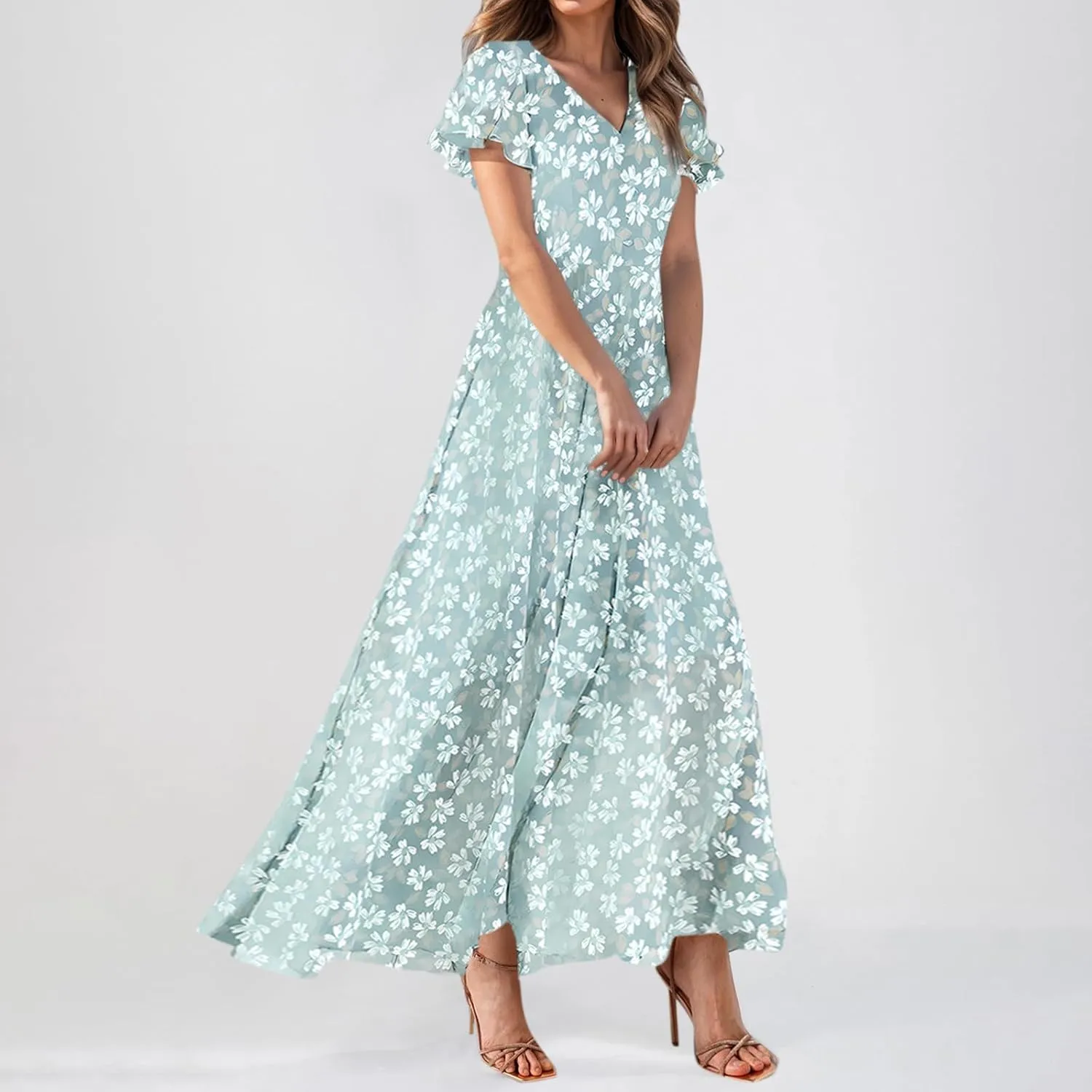 Maxi Dresses for Women Summer Highwaisted Prom Dress Floral Chiffon Flutter Sleeve Boho Dress Vneck Tea Party Dresses