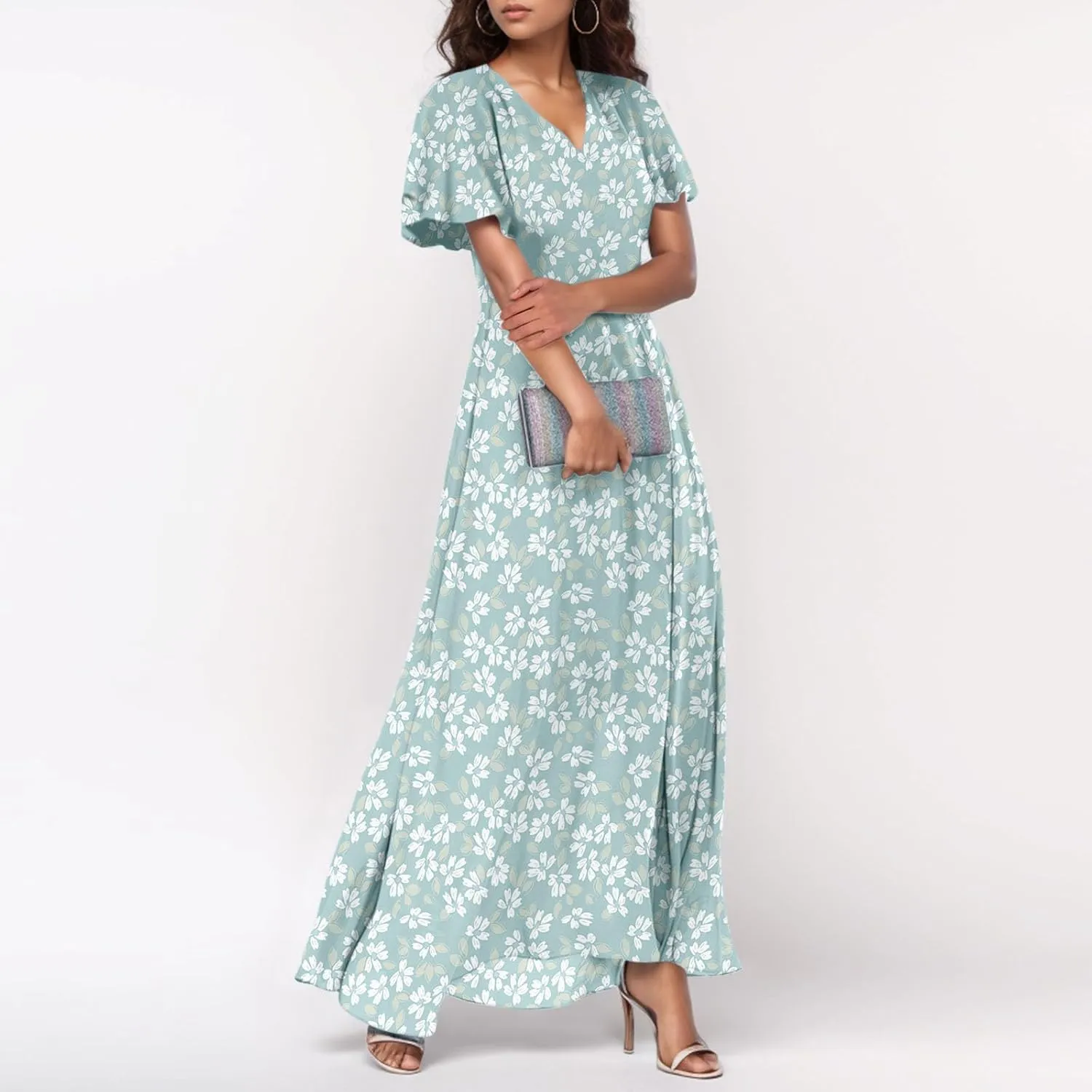 Maxi Dresses for Women Summer Highwaisted Prom Dress Floral Chiffon Flutter Sleeve Boho Dress Vneck Tea Party Dresses
