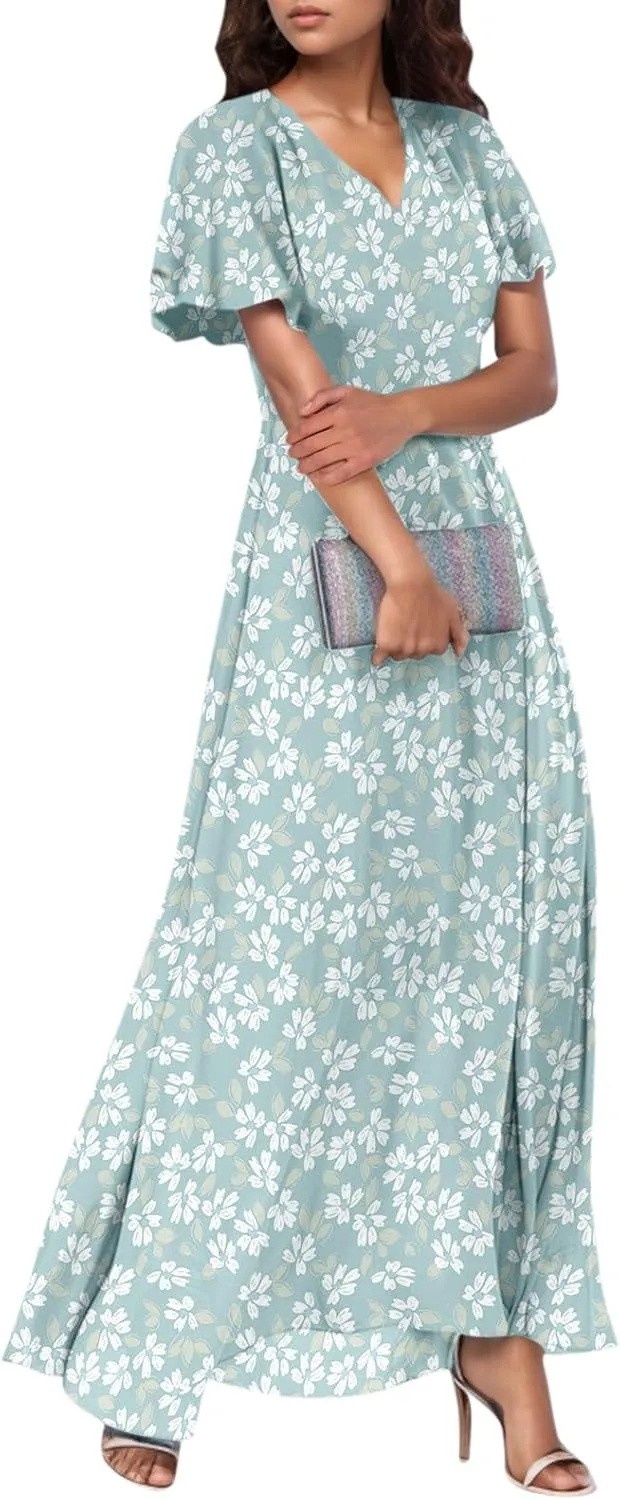 Maxi Dresses for Women Summer Highwaisted Prom Dress Floral Chiffon Flutter Sleeve Boho Dress Vneck Tea Party Dresses