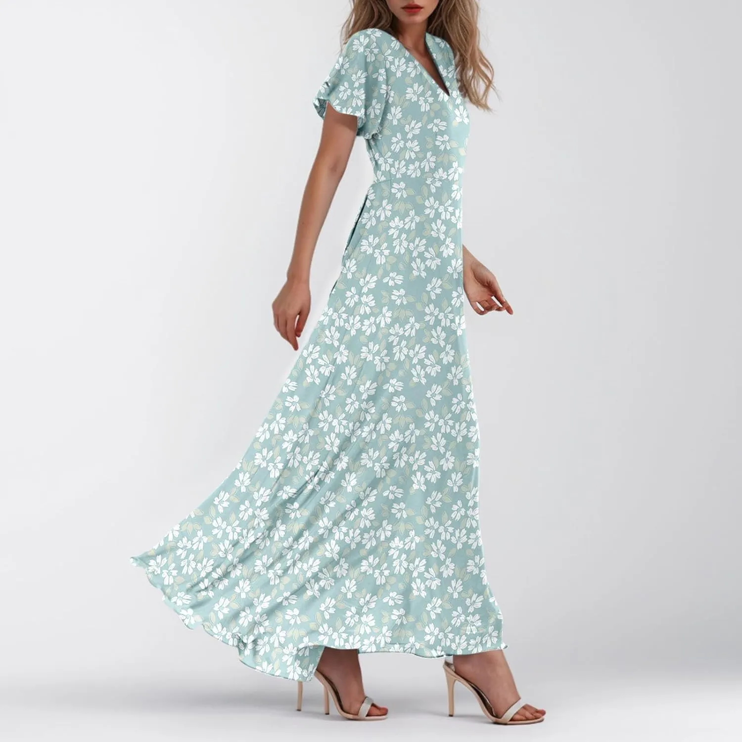 Maxi Dresses for Women Summer Highwaisted Prom Dress Floral Chiffon Flutter Sleeve Boho Dress Vneck Tea Party Dresses