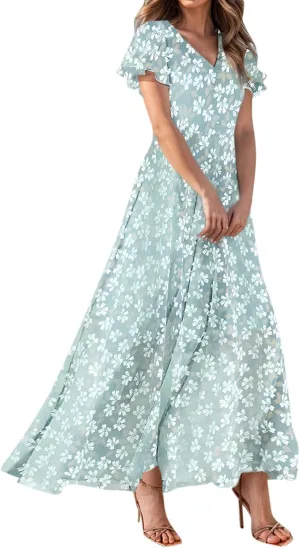 Maxi Dresses for Women Summer Highwaisted Prom Dress Floral Chiffon Flutter Sleeve Boho Dress Vneck Tea Party Dresses