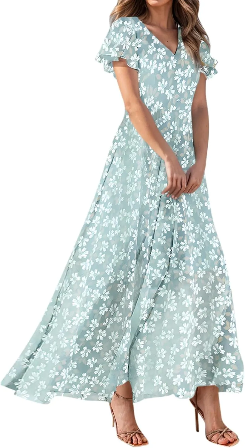 Maxi Dresses for Women Summer Highwaisted Prom Dress Floral Chiffon Flutter Sleeve Boho Dress Vneck Tea Party Dresses