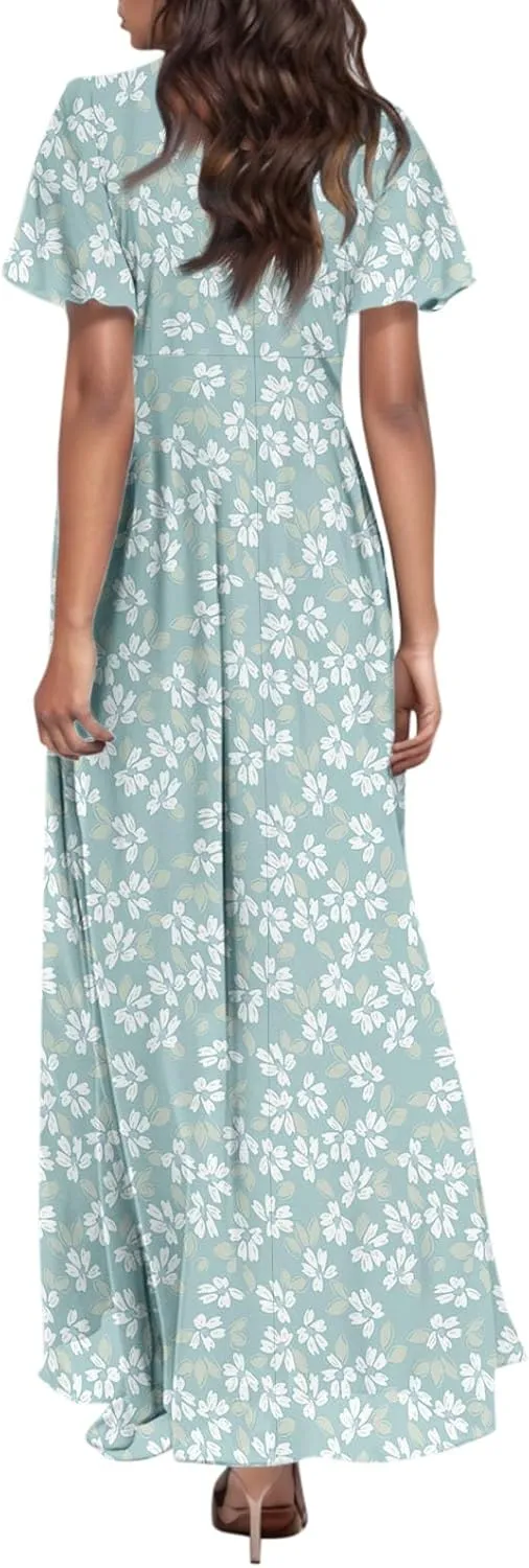 Maxi Dresses for Women Summer Highwaisted Prom Dress Floral Chiffon Flutter Sleeve Boho Dress Vneck Tea Party Dresses