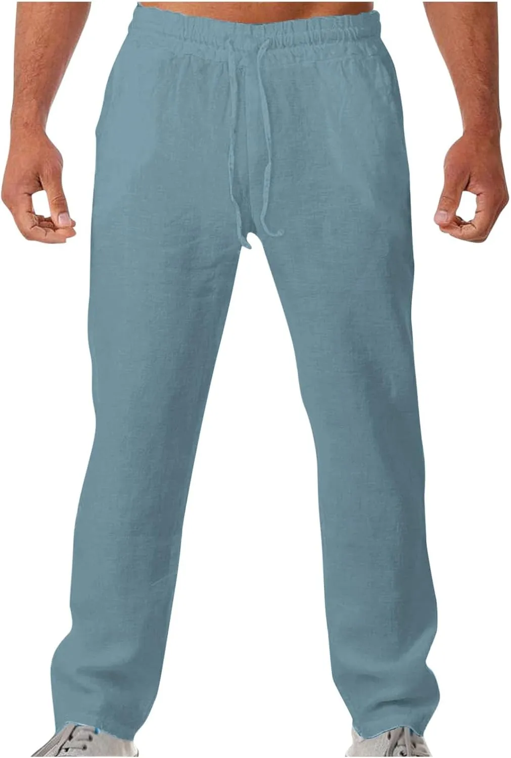 Men's Drawstring Cargo Linen Pants Joggers Casual Elastic Waist Beach Loose Trousers Flat-Front Stretch Chino Pant
