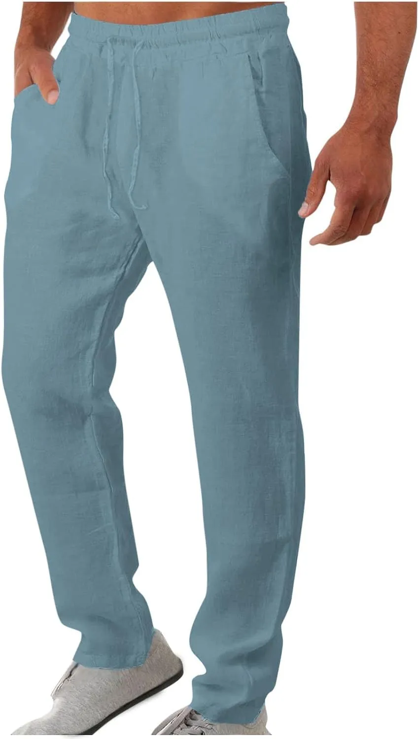 Men's Drawstring Cargo Linen Pants Joggers Casual Elastic Waist Beach Loose Trousers Flat-Front Stretch Chino Pant
