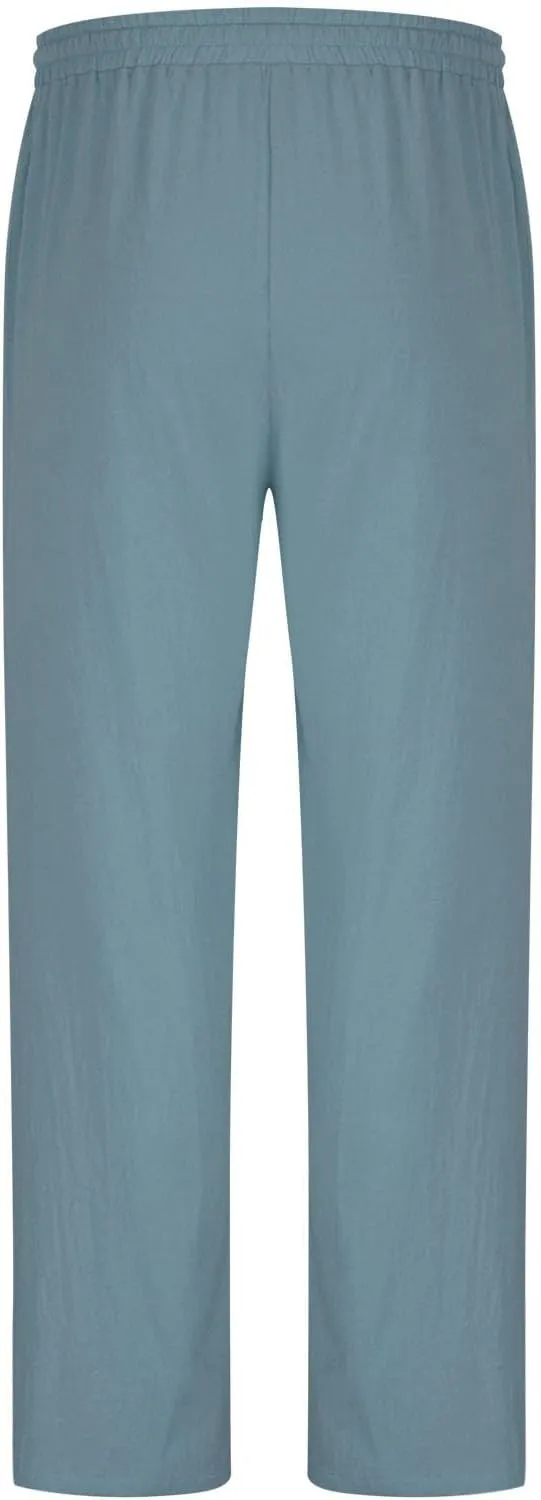 Men's Drawstring Cargo Linen Pants Joggers Casual Elastic Waist Beach Loose Trousers Flat-Front Stretch Chino Pant
