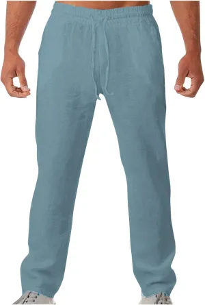 Men's Drawstring Cargo Linen Pants Joggers Casual Elastic Waist Beach Loose Trousers Flat-Front Stretch Chino Pant