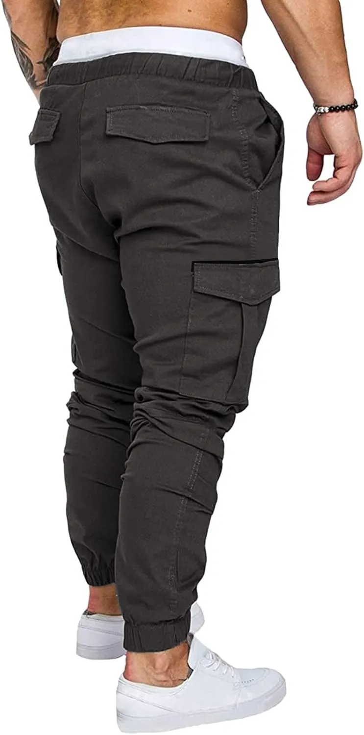 Mens Pants Cargo Joggers Sweatpants Casual Slim Fit Chino Trousers Elastic Waist Drawstring Pants with Pockets