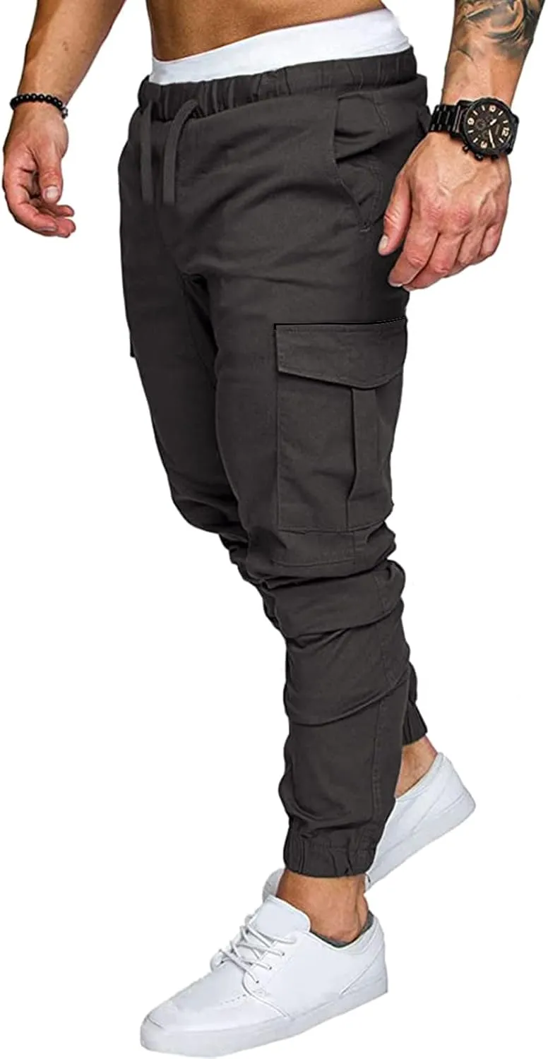 Mens Pants Cargo Joggers Sweatpants Casual Slim Fit Chino Trousers Elastic Waist Drawstring Pants with Pockets