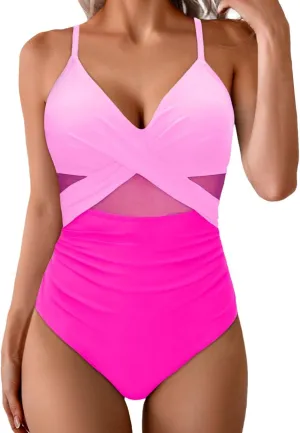 Monokini Swimsuits for Women Strapless Swimsuits Push up Bathing Suit Retro Ruched Vintage Padded Swimwear