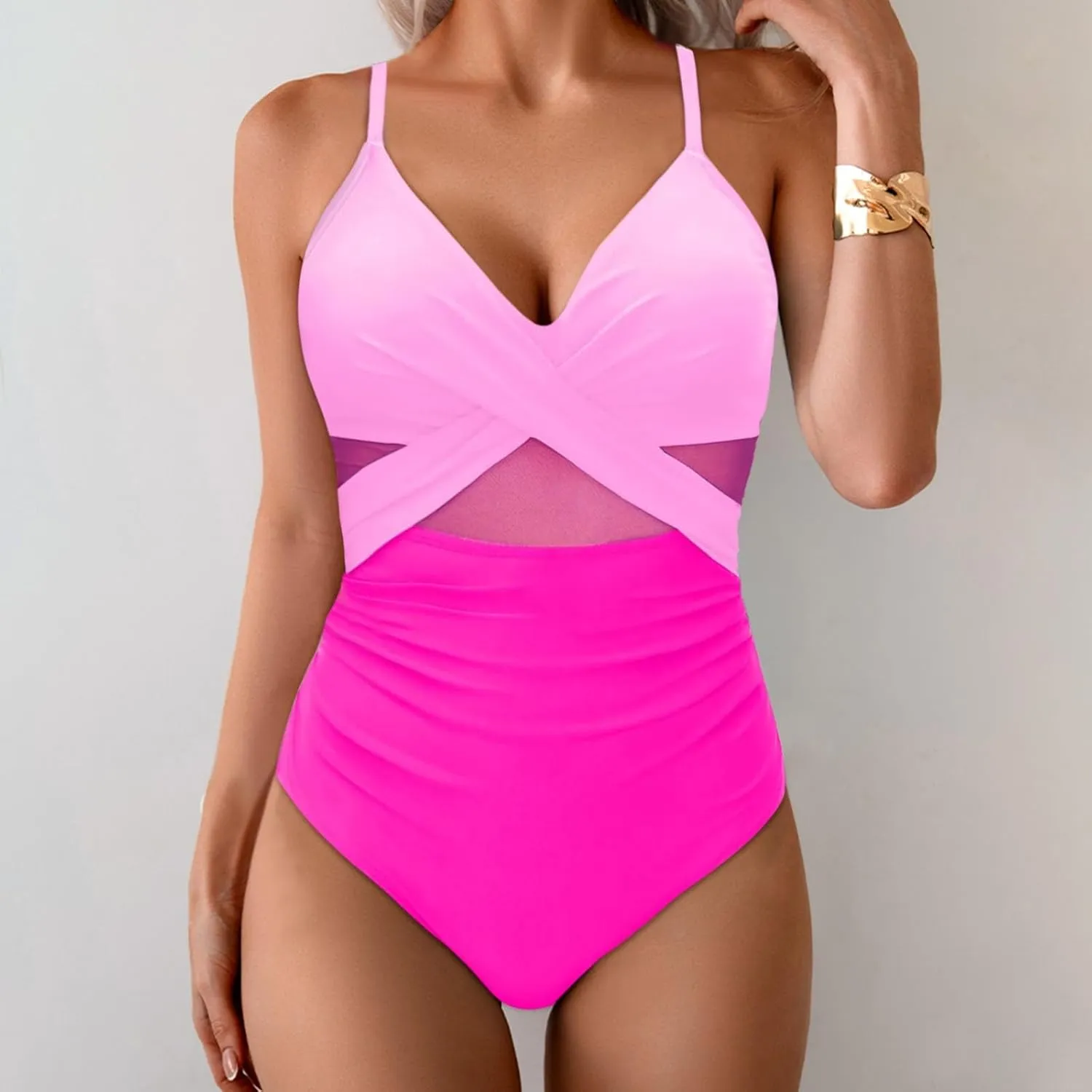 Monokini Swimsuits for Women Strapless Swimsuits Push up Bathing Suit Retro Ruched Vintage Padded Swimwear