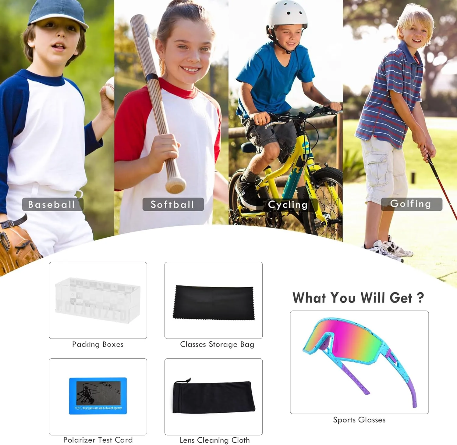 MVPTGRS Youth Baseball Sunglasses for Boys Girls Age 8-14 TR90 Frame Kids Sport Sunglasses for Softball Cycling Baseball Golf