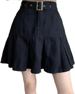 OLEETS Women's Denim Short Skirt - Mini Skirts Women Korean Style Fashion High Waist Pleated Skirt Vintage with Belt