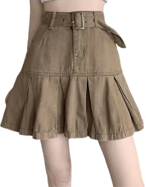 OLEETS Women's Denim Short Skirt - Mini Skirts Women Korean Style Fashion High Waist Pleated Skirt Vintage with Belt