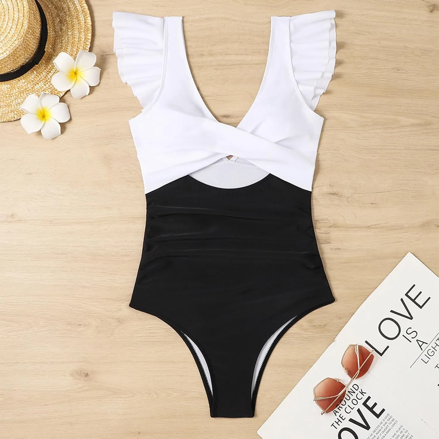 One Piece Bathing Suit Women Ruffle Swimsuits Cutout Backless Swim Suit Tummy Control Swimwear V Neck Wrap Beachwear