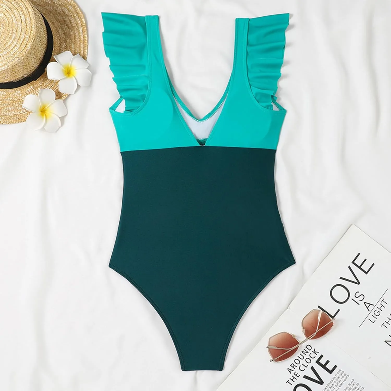 One Piece Bathing Suit Women Ruffle Swimsuits Cutout Backless Swim Suit Tummy Control Swimwear V Neck Wrap Beachwear