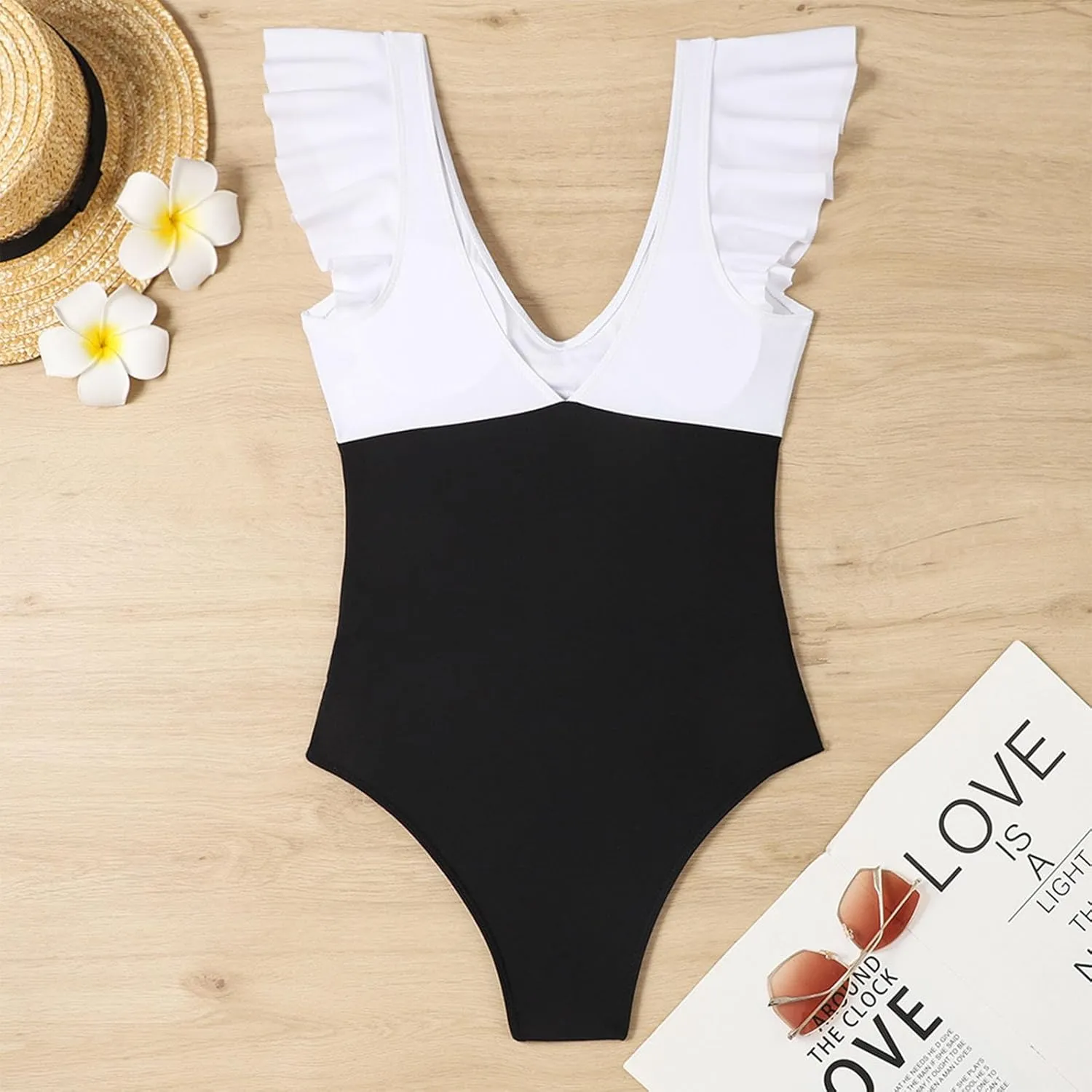 One Piece Bathing Suit Women Ruffle Swimsuits Cutout Backless Swim Suit Tummy Control Swimwear V Neck Wrap Beachwear