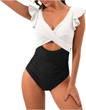 One Piece Bathing Suit Women Ruffle Swimsuits Cutout Backless Swim Suit Tummy Control Swimwear V Neck Wrap Beachwear