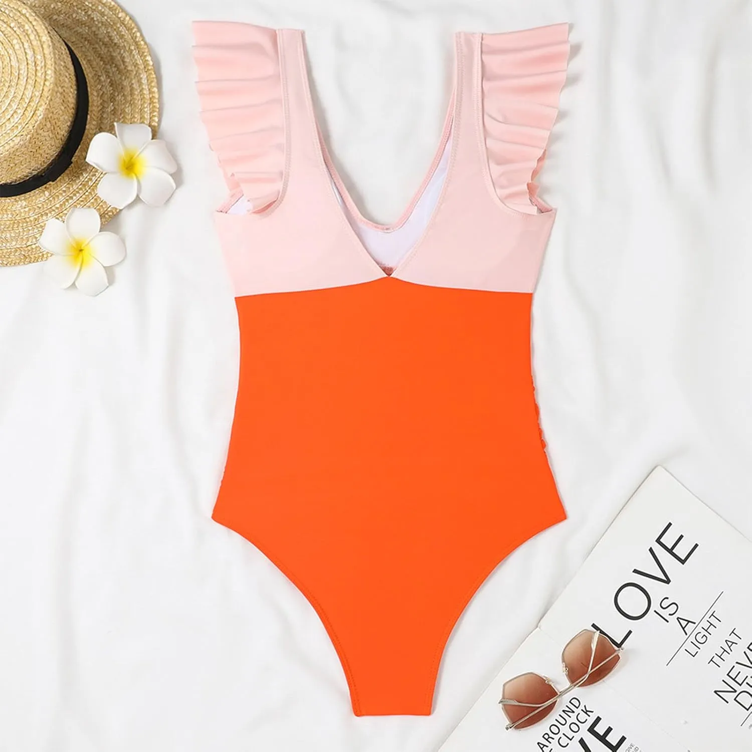 One Piece Bathing Suit Women Ruffle Swimsuits Cutout Backless Swim Suit Tummy Control Swimwear V Neck Wrap Beachwear
