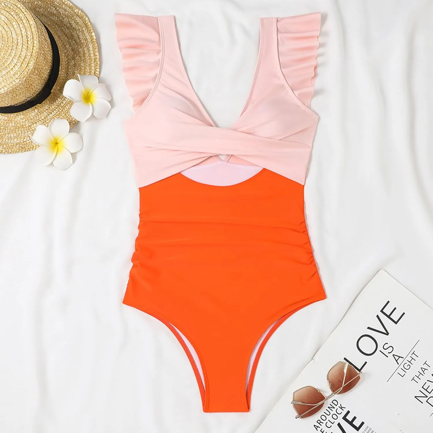 One Piece Bathing Suit Women Ruffle Swimsuits Cutout Backless Swim Suit Tummy Control Swimwear V Neck Wrap Beachwear
