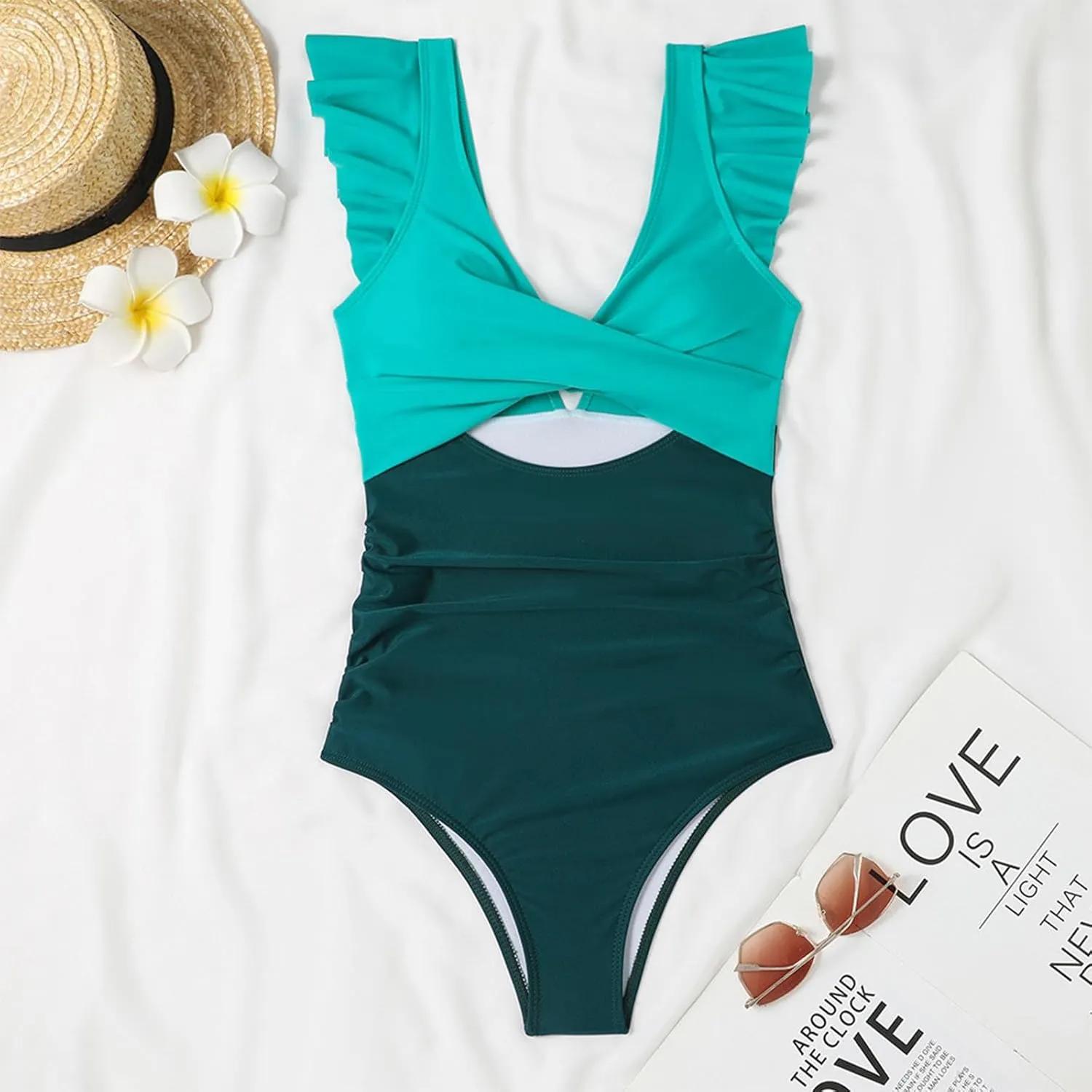 One Piece Bathing Suit Women Ruffle Swimsuits Cutout Backless Swim Suit Tummy Control Swimwear V Neck Wrap Beachwear