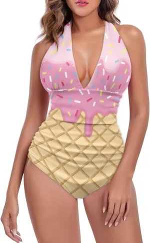 One Piece Bikini Bathing Suit Swimsuit for Women Sexy Tummy Control Bikini Swimsuit V Neck Halter Bikini Swimwear