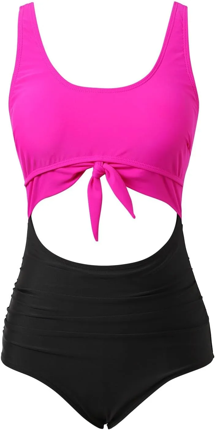 One Piece Swimsuit Women Push up Swimsuits Full Coverage Bathing Suit Vintage Tummy Control Scoop Neck Swimwear