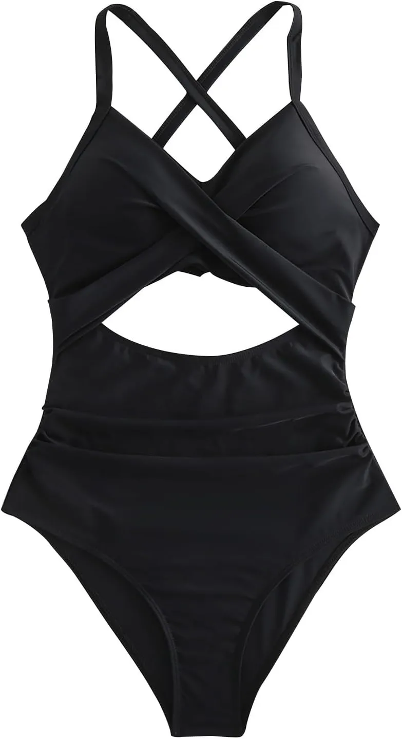 One Piece Swimsuit Women Sexy Tummy Control Cutout High Waisted Bathing Suit Halter Neck Criss Cross Back Swimsuits