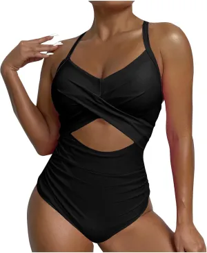 One Piece Swimsuit Women Sexy Tummy Control Cutout High Waisted Bathing Suit Halter Neck Criss Cross Back Swimsuits