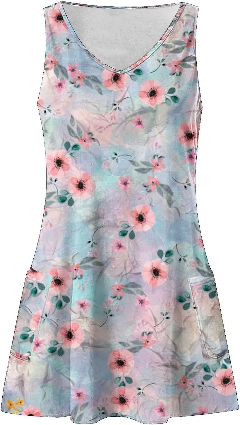 Plus Size Boho Dress Women's Spring/Summer Flower Printed Casual Tank Top Pockets Beach Casual Dress Cotton Midi