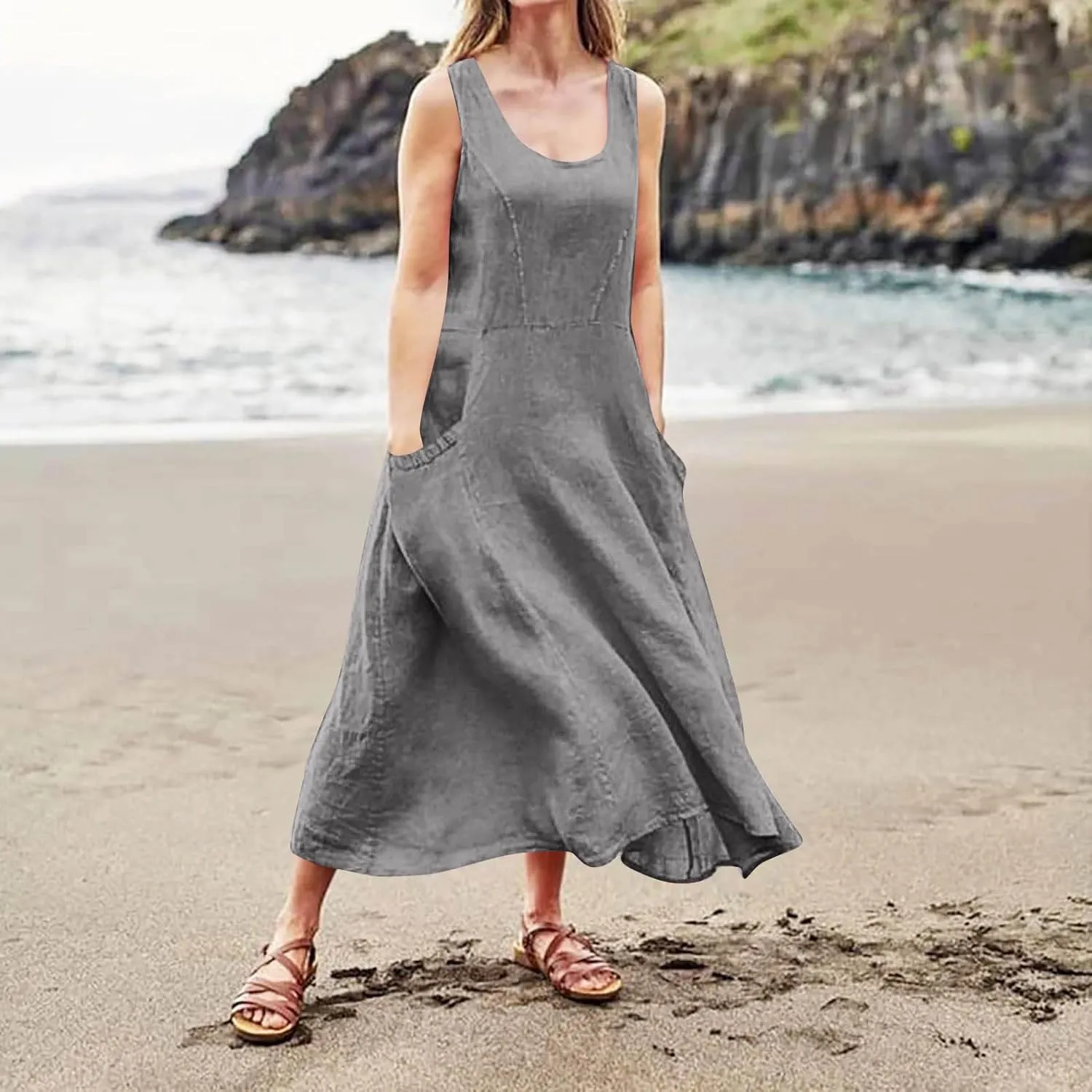 Plus Size Cotton Linen A-Line Maxi Dress Women Summer Lightweight Scoop Neck Beach Dresses Casual High Waist Dress