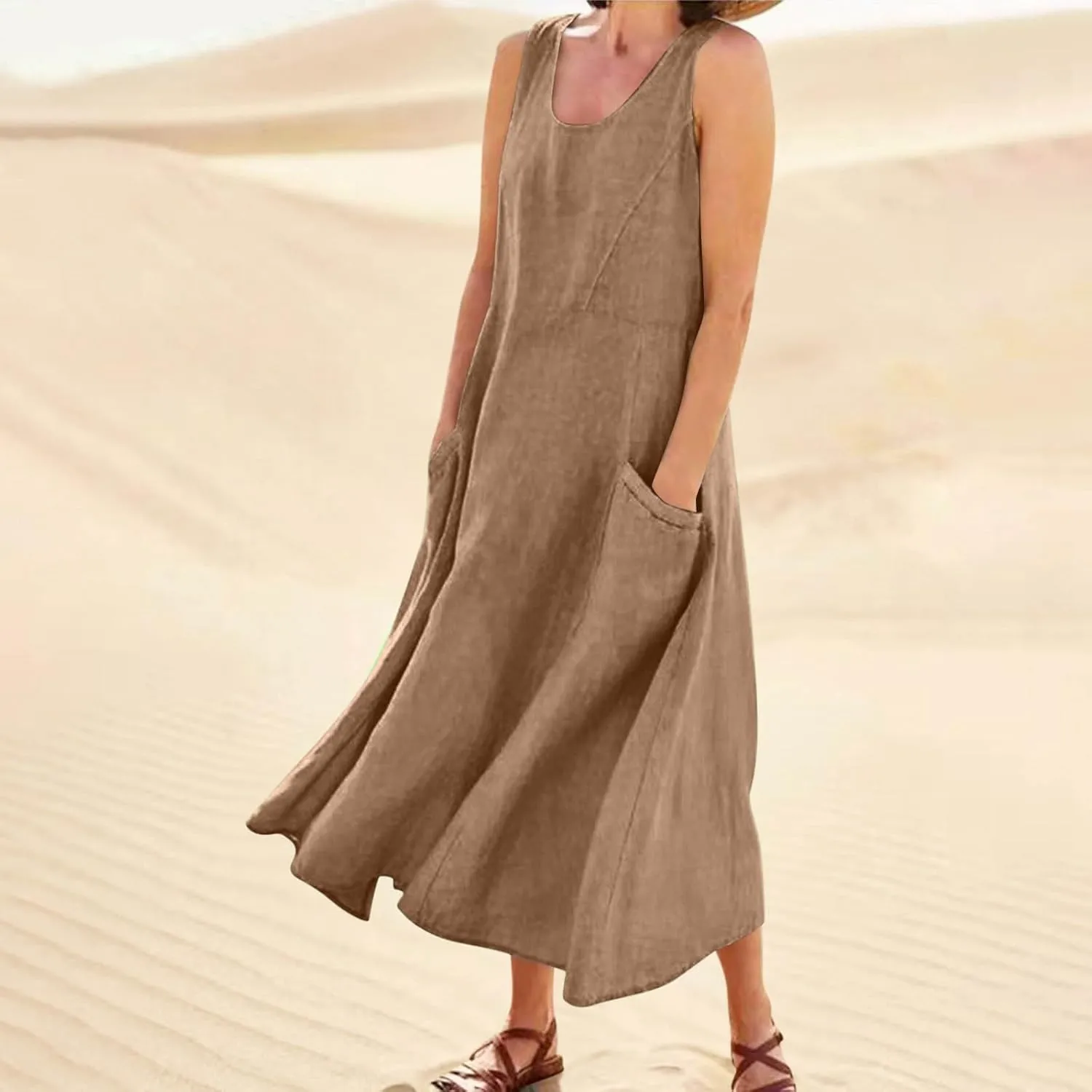 Plus Size Cotton Linen A-Line Maxi Dress Women Summer Lightweight Scoop Neck Beach Dresses Casual High Waist Dress